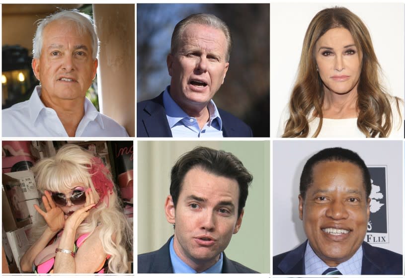 Candidates running to replace Gov. Gavin Newsom in the recall election include, clockwise from top left: businessman John Cox, former San Diego Mayor Kevin Faulconer, Caitlyn Jenner, billboard model Angelyne, Assemblyman Kevin Kiley, and Larry Elder, nationally syndicated conservative radio host.