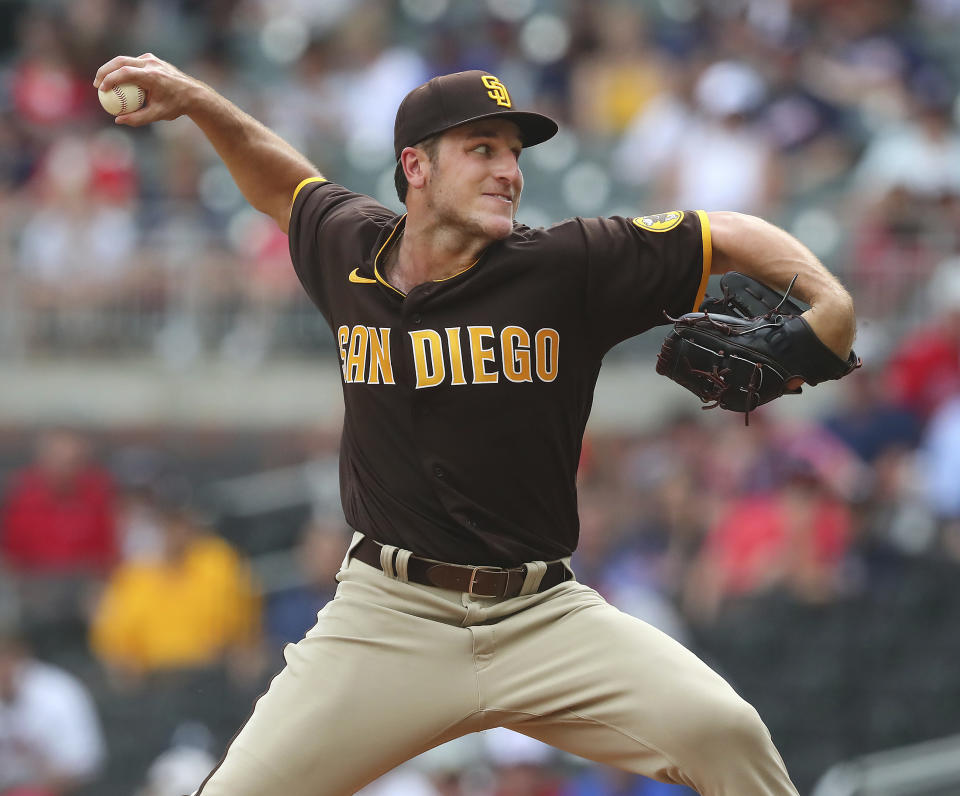 San Diego Padres starting pitcher Reiss Knehr delivers against the Atlanta Braves during the first inning of the second baseball game of a doubleheader Wednesday, July 21, 2021, in Atlanta. (Curtis Compton/Atlanta Journal-Constitution via AP)