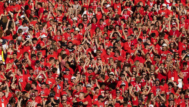 Utah Utes fans celebrate Money Parks’ (10) touchdown during the first quarter of their season opener against Florida at Rice-Eccles Stadium in Salt Lake City on Thursday, Aug. 31, 2023.