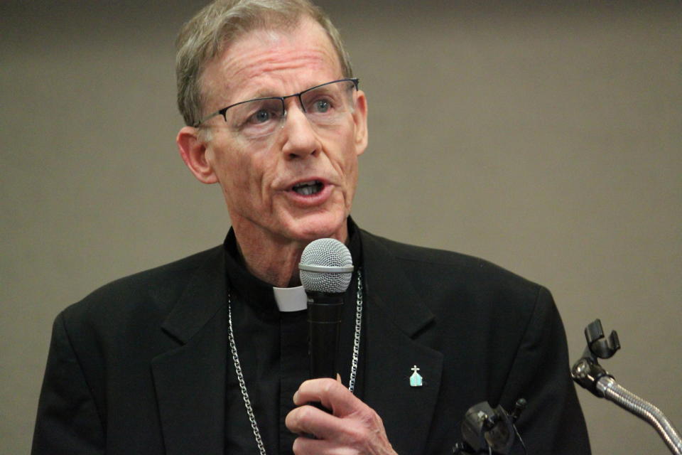 Archbishop John C. Wester, head of the Archdiocese of Santa Fe, tells reporters the diocese will be filing for Chapter 11 bankruptcy protection next week as clergy sex abuse claims have depleted its reserves. He made the announcement during a news conference in Albuquerque, N.M., on Thursday, Nov. 29, 2018. (AP Photo/Susan Montoya Bryan)