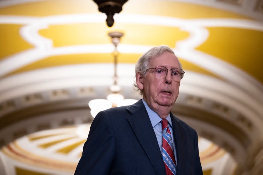 Senate Minority Leader Mitch McConnell (R-KY) arrives at a news conference after a lunch meeting with Senate Republicans at the U.S. Capitol on July 26, 2023, in Washington, D.C. (Photo by Drew Angerer/Getty Images)