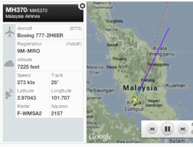 An animated screenshot from Google Map shows the movement of the Malaysia Airlines flight MH370, which stopped somewhere at the South China Sea. – Image courtesy Daily Mirror, March 9, 2014.