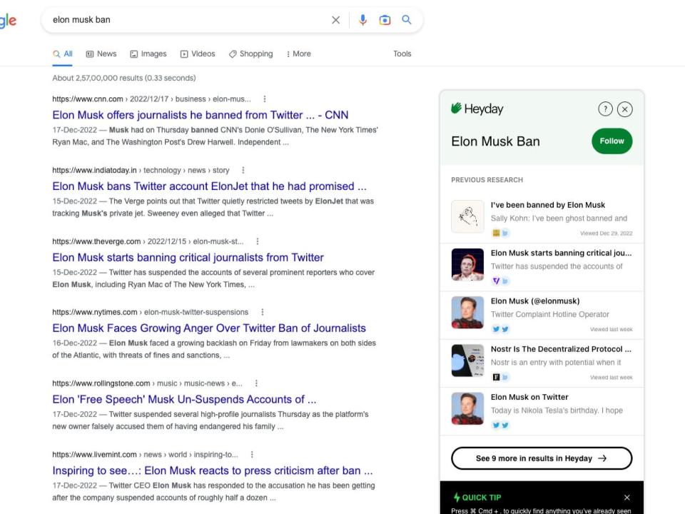 Screenshot of Heyday prompts next to Google search results about Elon Musk