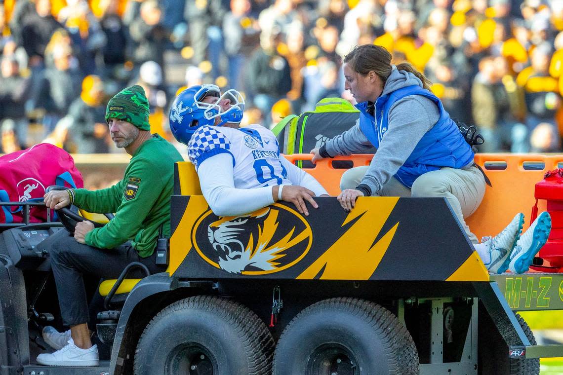 Kentucky’s Colin Goodfellow is carted off the field in the fourth quarter Saturday. He was hit following a bad snap that he recovered in time to kick out of bounds. Missouri was flagged for roughing the kicker on the play. Ryan C. Hermens/rhermens@herald-leader.com