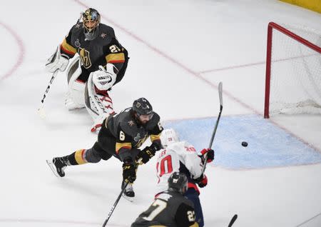 May 30, 2018; Las Vegas, NV, USA; Washington Capitals center Lars Eller (20) scores a goal past Vegas Golden Knights goaltender Marc-Andre Fleury (29) in the first period in game two of the 2018 Stanley Cup Final at T-Mobile Arena. Stephen R. Sylvanie-USA TODAY Sports