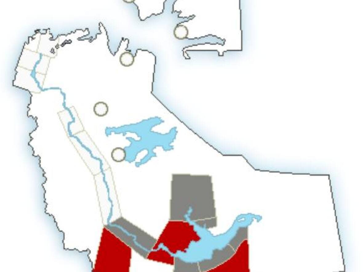 A heat warning has been issued for parts of the Northwest Territories on Wednesday. Temperatures could reach between 29 C and 32 C in the regions in red. (Environment Canada - image credit)