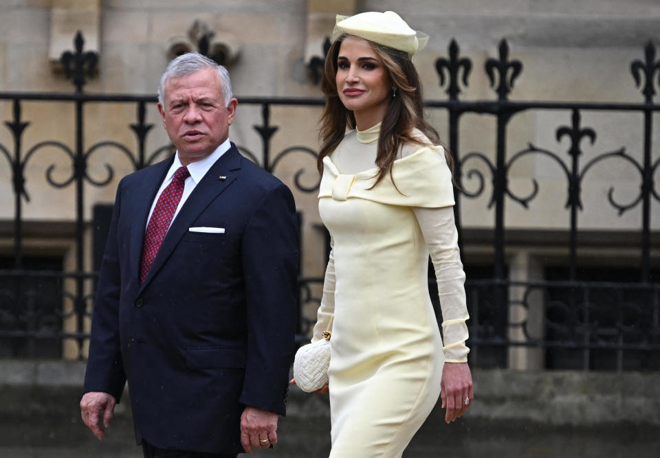 Jordan's King Abdullah II Ibn Al Hussein and Queen Rania arrive at Westminster Abbey for the coronation of King Charles III. / Credit: PAUL ELLIS/AFP via Getty Images
