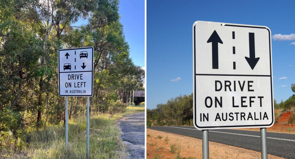 The sign near Stanthorpe (left) and a similar sign in the Northern Territory (right). Source: Facebook/ Getty