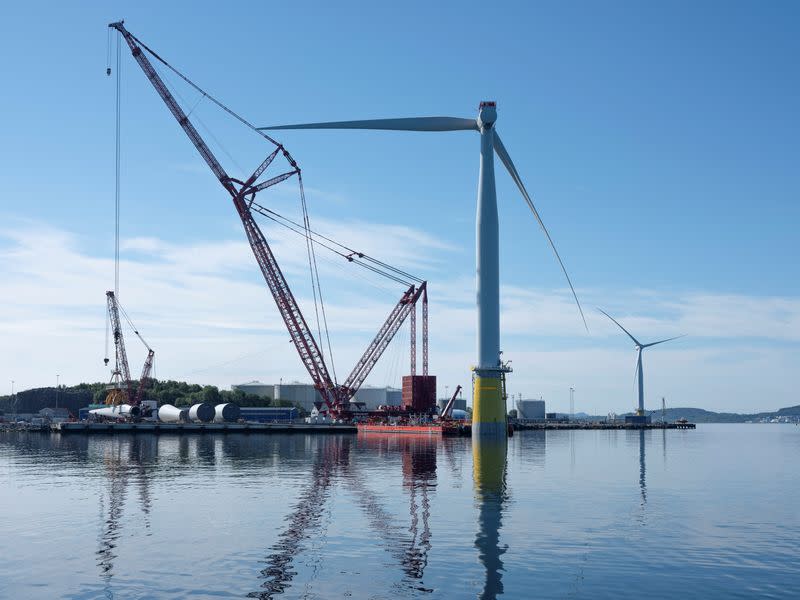 Hywind Tampen floating wind farm structures are being assembled at the Wergeland Base in Gulen