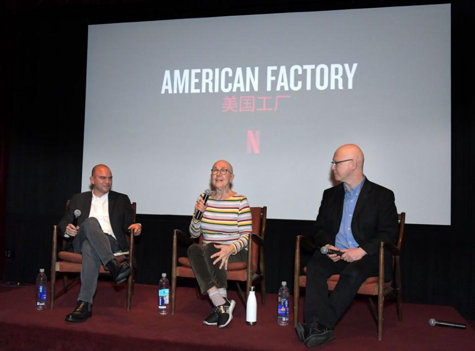 WEST HOLLYWOOD, CALIFORNIA - JANUARY 31: Ben Rhodes, Julia Reichert and Steven Bognar speak onstage at the 'American Factory' AMPAS screening at Soho House on January 31, 2020 in West Hollywood, California. (Photo by Charley Gallay/Getty Images for Netflix)