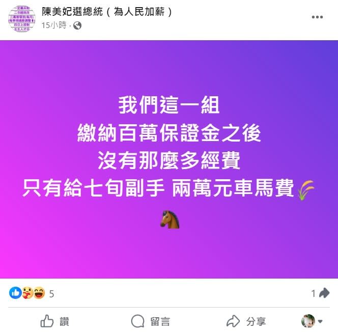 台中素人媽媽陳美妃對政治有熱情，去年參選台中市長，今年再度登記參加總統、副總統連署。翻攝自陳美妃選總統臉書