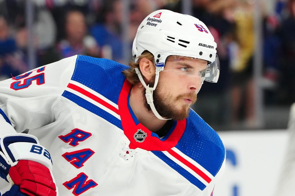 Jan 18, 2024; Las Vegas, Nevada, USA; New York Rangers defenseman Ryan Lindgren (55) warms up before a game against the Vegas Golden Knights at T-Mobile Arena.