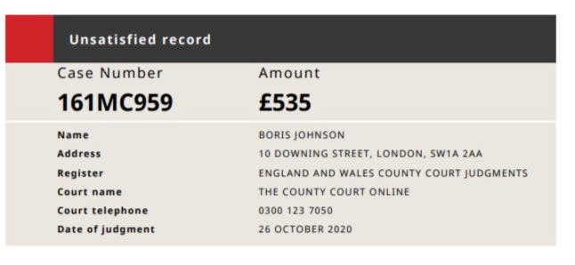 <p>Screengrab of county court judgment against Boris Johnson</p> (County Courts of England and Wales)