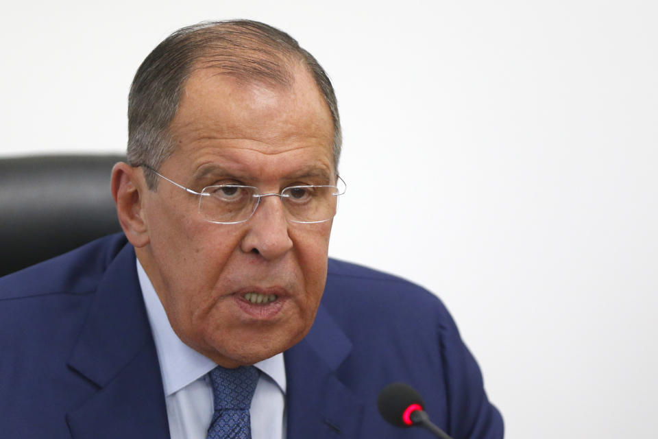 Russian Foreign Minister Sergey Lavrov, talks during a press conference in Sarajevo, Bosnia, Friday, Sept. 21, 2018. Russia’s foreign minister is visiting Bosnia, an ethnically-divided Balkan country where Moscow has maintained strong influence among the country’s Serbs. (AP Photo/Amel Emric)