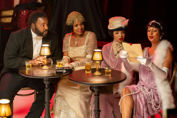 Bashir Salahuddin as Paul Robeson/Count Basie, Day'Nah Cooper as Dowager Countess of Basie, Aleksei Archer as Adelaide Hall, Nefetari Spencer as Zora Neale Hurston at 'Downtown Addy's.'