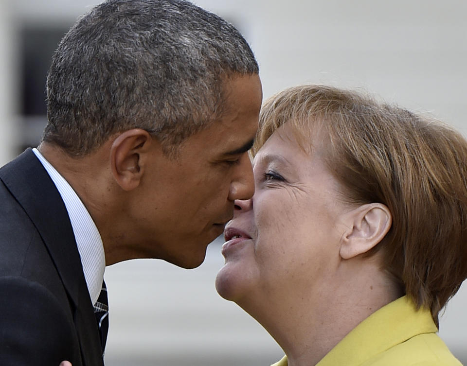 FILE - In this April 24, 2016n file photo,German Chancellor Angela Merkel, right, welcomes U.S. President Barack Obama at Herrenhaus Palace in Hannover, northern Germany. Angela Merkel has just about seen it all when it comes to U.S. presidents. Merkel on Thursday makes her first visit to the White House since Joe Biden took office. He is the fourth American president of her nearly 16-year tenure as German chancellor. (AP Photo/Martin Meissner, File)
