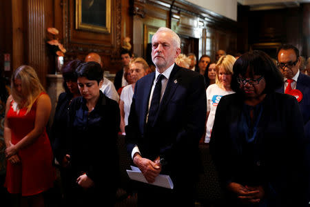 Jeremy Corbyn, the leader of Britain's opposition Labour party, observes a minute's silence for the victims of the attack on the Manchester Arena, before making a speech as his party restarts its election campaign in London, May 26, 2017. REUTERS/Peter Nicholls