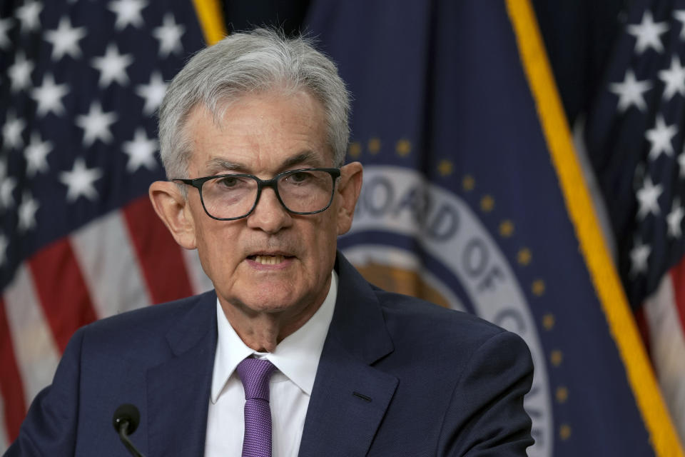 FILE - Federal Reserve Board Chair Jerome Powell speaks during a news conference at the Federal Reserve in Washington, Wednesday, May 1, 2024. Powell has tested positive for Covid-19 late Thursday, May 16, 2024, and is experiencing symptoms, according to a statement from a Fed spokesperson. (AP Photo/Susan Walsh, File)