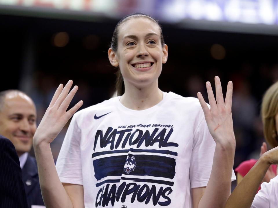 FILE - Connecticut's Breanna Stewart (30) celebrates following the NCAA college basketball championship game against Syracuse at the women's Final Four in Indianapolis, April 5, 2015.(AP Photo/Michael Conroy, File)
