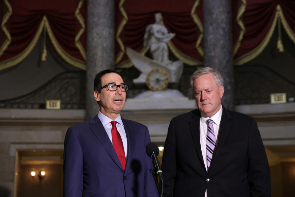 WASHINGTON, DC - AUGUST 07:  White House Chief of Staff Mark Meadows and Secretary of the Treasury Steven Mnuchin speak to members of the press after a meeting at the office of Speaker of the House Rep. Nancy Pelosi (D-CA) at the U.S. Capitol August 7, 2020 in Washington, DC. Negotiations between Treasury Secretary Steven Mnuchin, Speaker of the House Rep. Nancy Pelosi, Senate Minority Leader Sen. Chuck Schumer and White House Chief of Staff Mark Meadows on how to move forward on a new relief package to help people and businesses weather the COVID-19 pandemic didn’t reach to a deal after the meeting today at the U.S. Capitol. (Photo by Alex Wong/Getty Images)