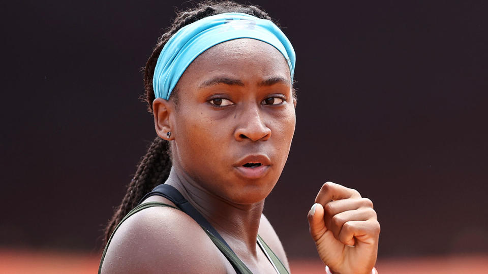 American teenager Coco Gauff is seen here reacting to a point in a tennis match.