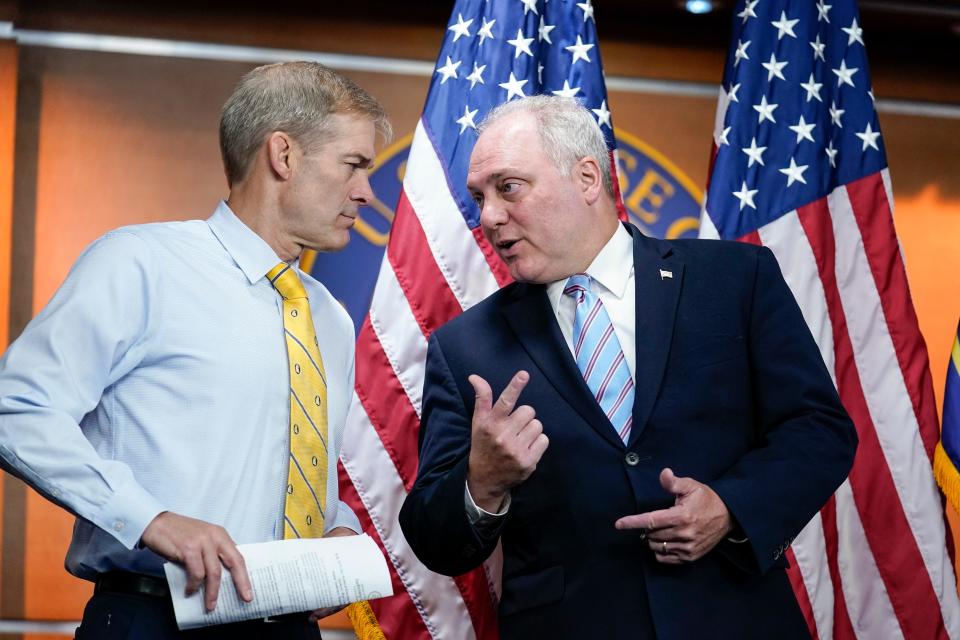 Rep. Jim Jordan, R-Ohio, left, and Rep. Steve Scalise, R-La., in Washington, Wednesday, June 8, 2022. The two GOP leaders have emerged as contenders to replace former House Speaker Kevin McCarthy.