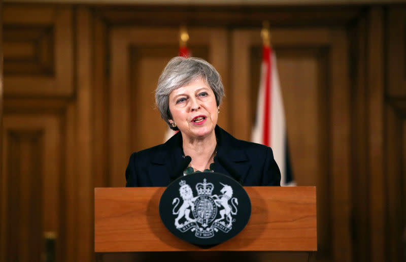 FILE PHOTO: Britain's Prime Minister Theresa May holds a news conference at Downing Street in London