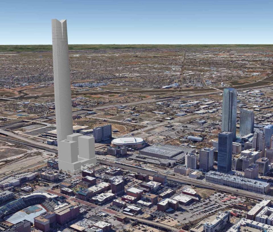 In this rendering, the proposed Boardwalk at Bricktown would stretch twice as tall as the Devon Energy Center building, shown to the right of the proposed tower, and be across the street from where Paycom Center currently stands.