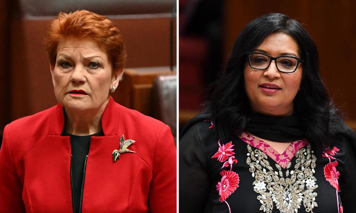<span>One Nation leader Pauline Hanson, left, and Australian Greens senator Mehreen Faruqi.</span><span>Composite: AAP</span>