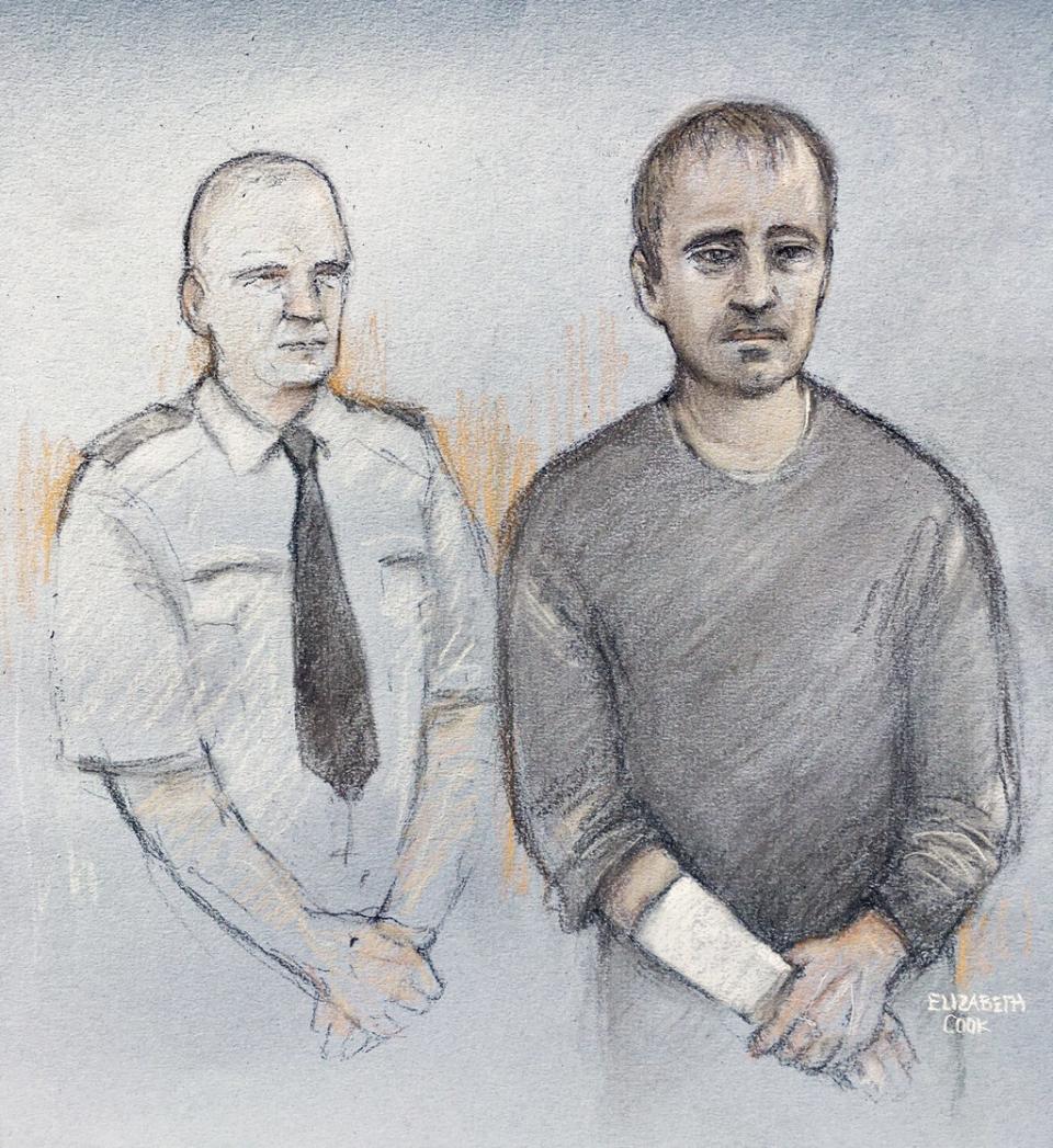 Court artist sketch of Thomas Schreiber during an appearance at Winchester Crown Court in April 2021 (Elizabeth Cook/PA) (PA Wire)