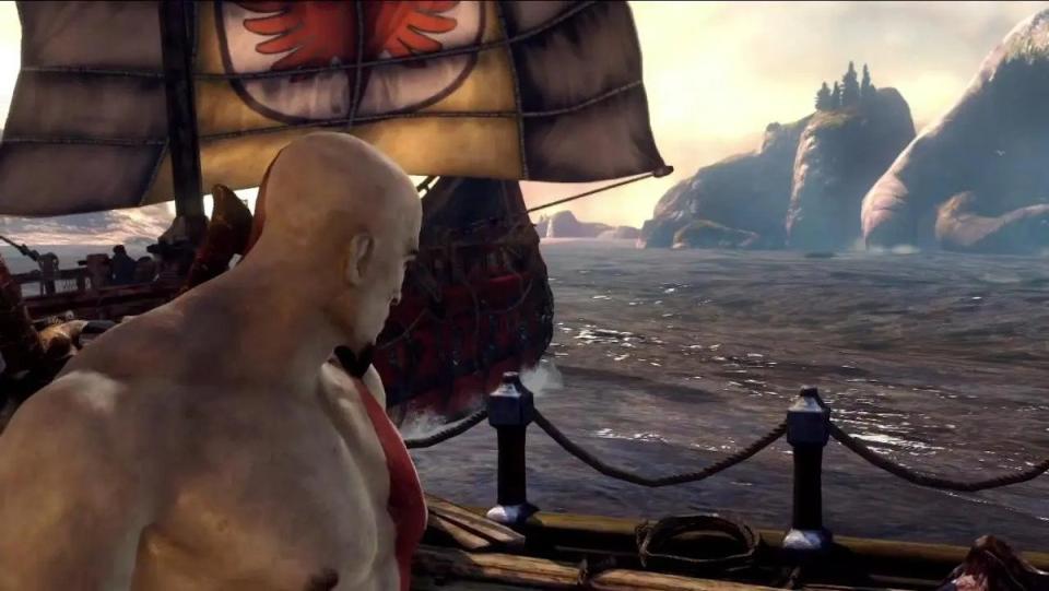 Kratos looks out across the water from a boat in God of War: Ascension