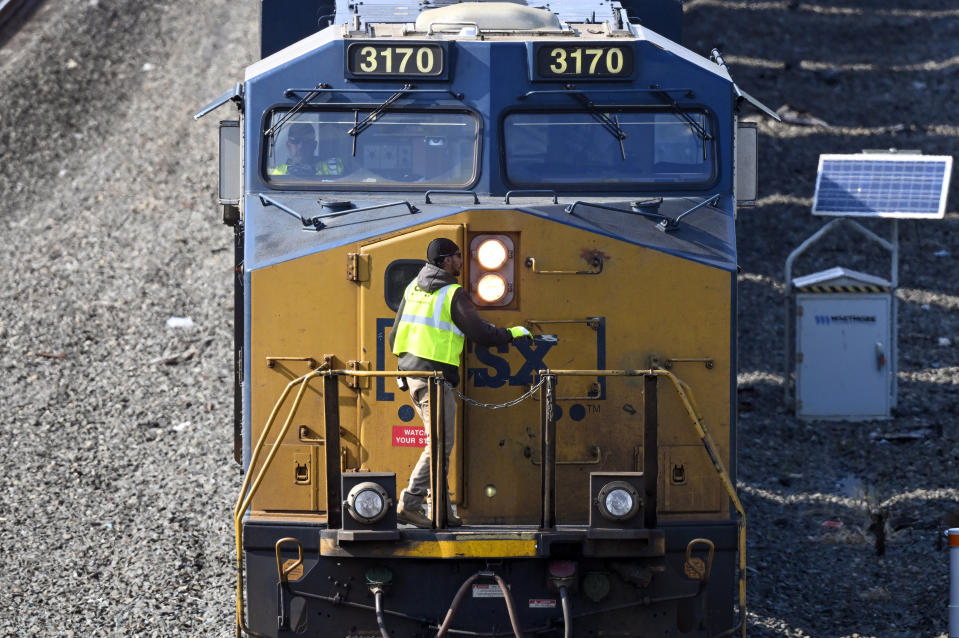 FILE - A locomotive stops to switch tracks before arriving at the Selkirk rail yard Wednesday, Sept. 14, 2022, in Selkirk, N.Y. The contract imposed on railroad workers last fall didn't resolve their quality-of-life issues, but there have been a couple small hopeful signs this year that the major freight railroads might start to address some of their concerns about demanding schedules and the lack of paid sick time. (AP Photo/Hans Pennink, File)