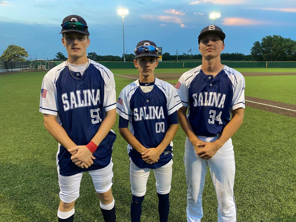 Salina Falcons Kyren Whitaker (50), Kaden Herbel (00) and Colby Rice (34) played a huge part in their 6-3 victory over McPherson on Thursday night at Dean Evans Stadium.