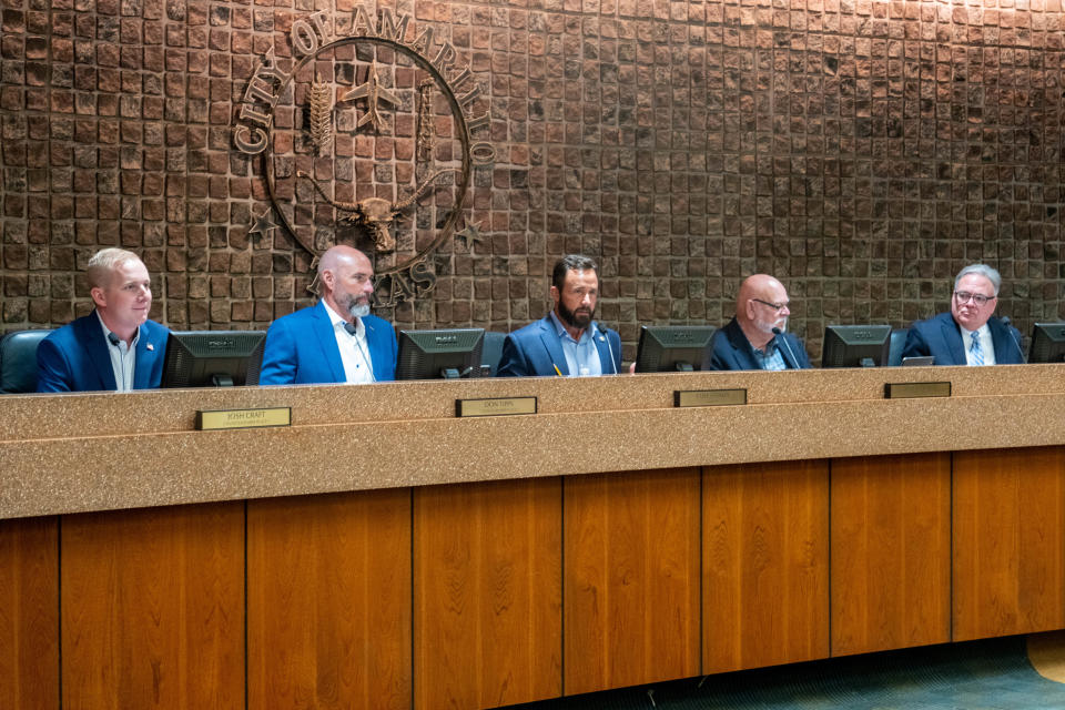 Members of the Amarillo City Council are seen in this July file photo of a meeting at City Hall in Amarillo. From left are Josh Craft, Don Tipps, Mayor Cole Stanley, Tom Scherlen and Les Simpson.