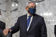 Sen. Bob Menendez, D-N.J., arrives at a Senate Foreign Relations Committee on Capitol Hill in Washington, Wednesday, Aug. 4, 2021. (AP Photo/Amanda Andrade-Rhoades)