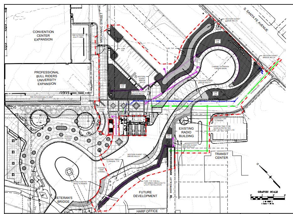 This graphic depicts how the Historic Arkansas Riverwalk of Pueblo will be expanded to include a boat house and a longer water channel.