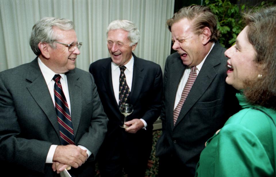 One of the stories of Sen. Howard Baker, left, got a laugh out of The Tennessean publisher John Seigenthaler, author Willie Morris and another guest during the annual Book & Author Dinner at Loews Vanderbilt Plaza on Oct. 8, 1993.