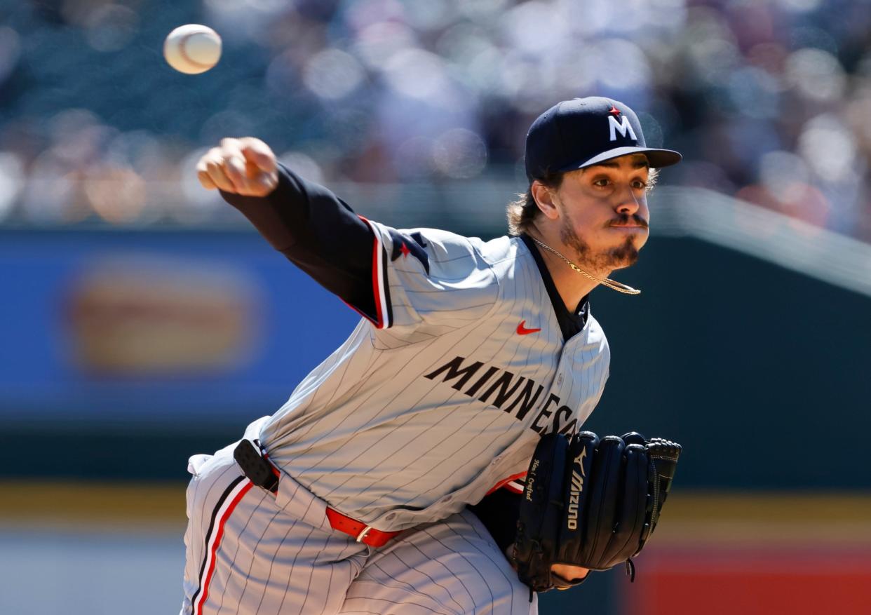 Twins pitcher Joe Ryan pitches against the Tigers during the second inning of Game 1 of the doubleheader on Saturday, April 13, 2024, at Comerica Park.