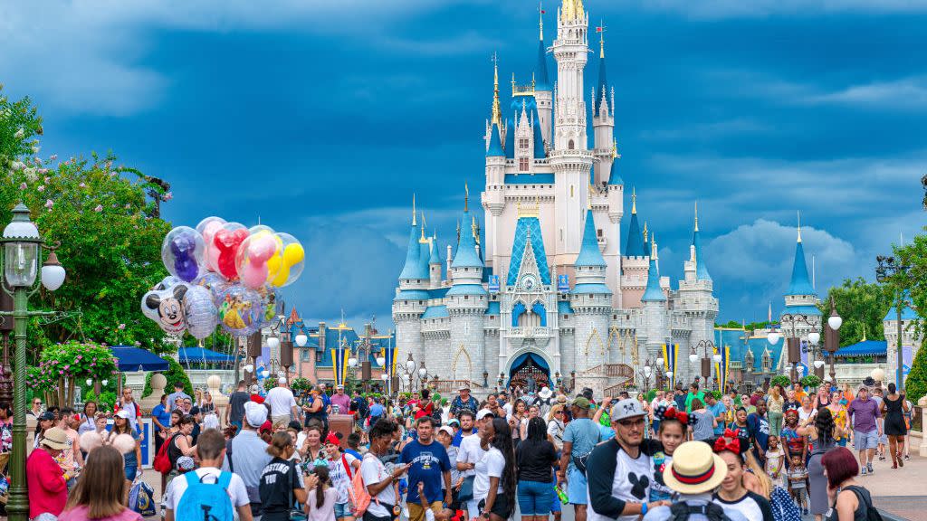 crowd of people at the cinderella castle in walt disney