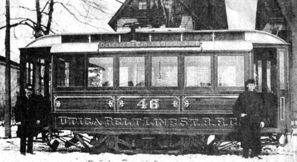 One of Utica’s busiest electric trolley cars in the early 20th century was No. 46, which ran along Genesee and Eagle streets to Seymour Avenue. Shown here are the conductor (who collected fares) and the motorman (who operated the car). In 1889, the trolley company in Utica began to convert from horse-drawn trolleys to electric trolleys. Their roof poles connected to overhead power lines. Eventually, the electric trolleys were replaced by motor buses. Trolley service ended in Utica on May 12, 1941.