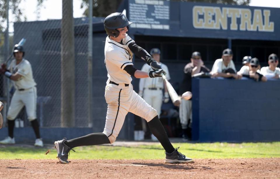 Enochs Jack Thorning connects for a base hit during the March Madness tournament baseball game with Turlock at Central Catholic High School in Modesto, Calif., Friday, March 8, 2024.