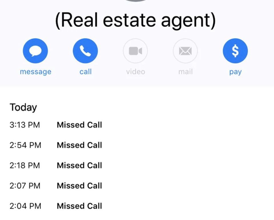 Screenshot of a phone interface showing missed calls from a contact labeled "Real estate agent."