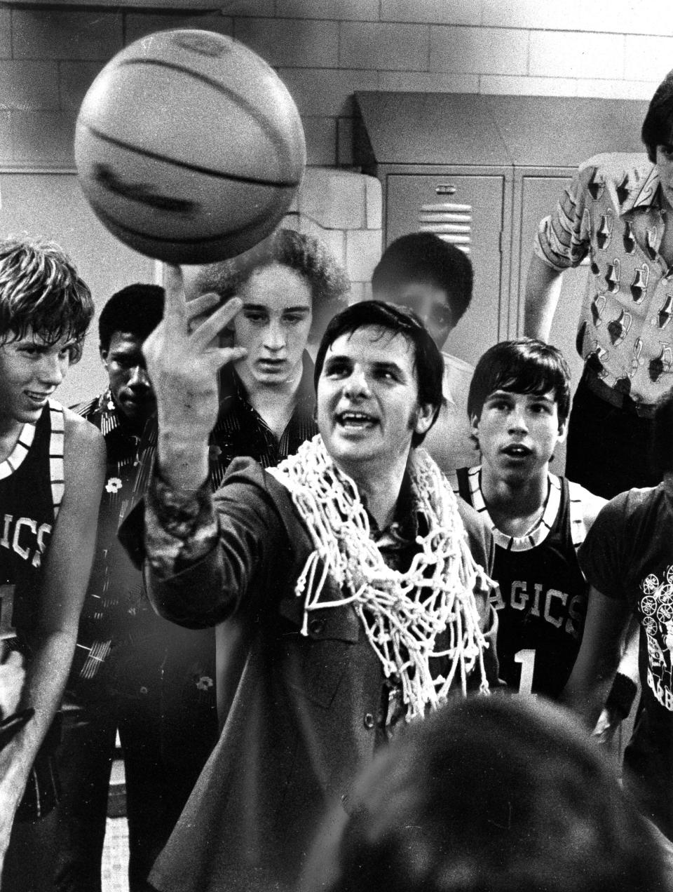 Legendary Barberton High School basketball coach Jack Greynolds Sr. in the locker room in March 1976.