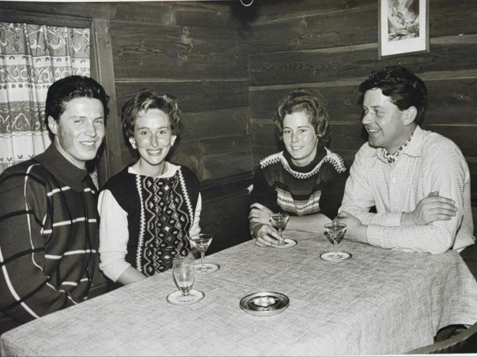 Small world: Colin Murison Small (right) at his chalet in Grindelwald, Switzerland, in 1960 – unlimited cheap wine with dinner was one of the selling points (Alex Small)