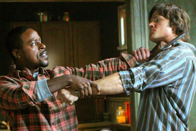 <p>Everett Collection</p> Sterling K. Brown and Jared Padalecki on season 2 of 'Supernatural'