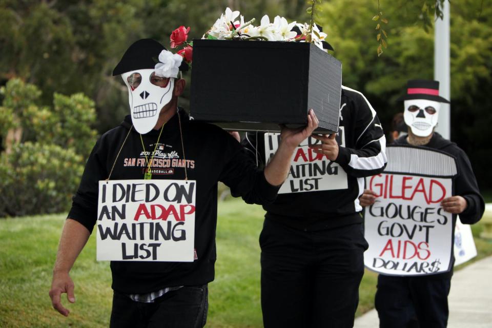 AIDS protestors called upon pharmaceutical companies to lower drug pricing to affordable levels. <a href="https://newsroom.ap.org/detail/AIDSHealthcareFoundationProtestatGileadSciences/3937be37fe0b45339e1518d5ad3c48b2" rel="nofollow noopener" target="_blank" data-ylk="slk:Alison Yin/AP Images for AIDS Healthcare Foundation;elm:context_link;itc:0;sec:content-canvas" class="link ">Alison Yin/AP Images for AIDS Healthcare Foundation</a>