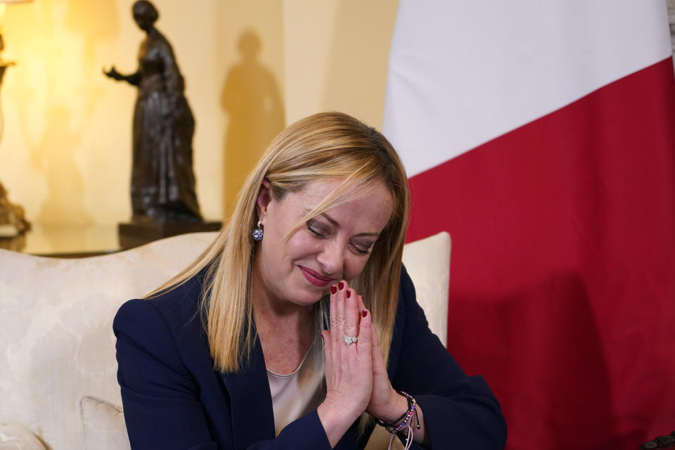 Italian Prime Minister Giorgia Meloni reacts as she meets Britain's Prime Minister Rishi Sunak for bilateral talks at 10 Downing Street in London, Thursday, April 27, 2023.(AP Photo/Alberto Pezzali, pool)