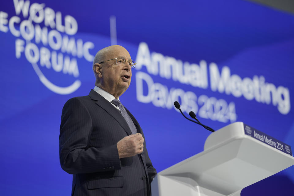 FILE - Klaus Schwab, Chairman of the World Economic Forum addresses attendees during the opening of the Annual Meeting of World Economic Forum in Davos, Switzerland, Tuesday, Jan. 16, 2024. On Friday, April 19, The Associated Press reported on stories circulating online incorrectly claiming Schwab was recently admitted to the hospital in serious condition and might have died. (AP Photo/Markus Schreiber, File)