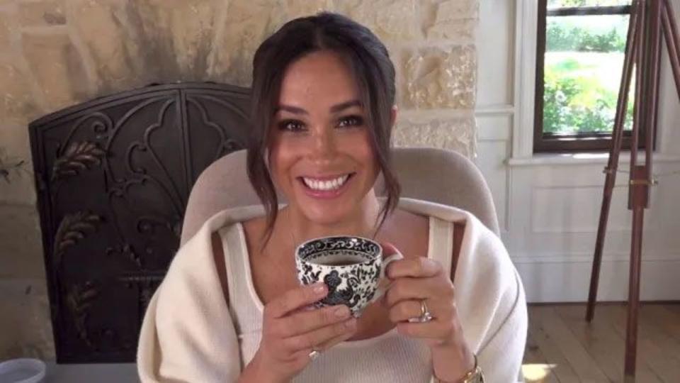 Meghan Markle drinking cup of herbal tea at home in California