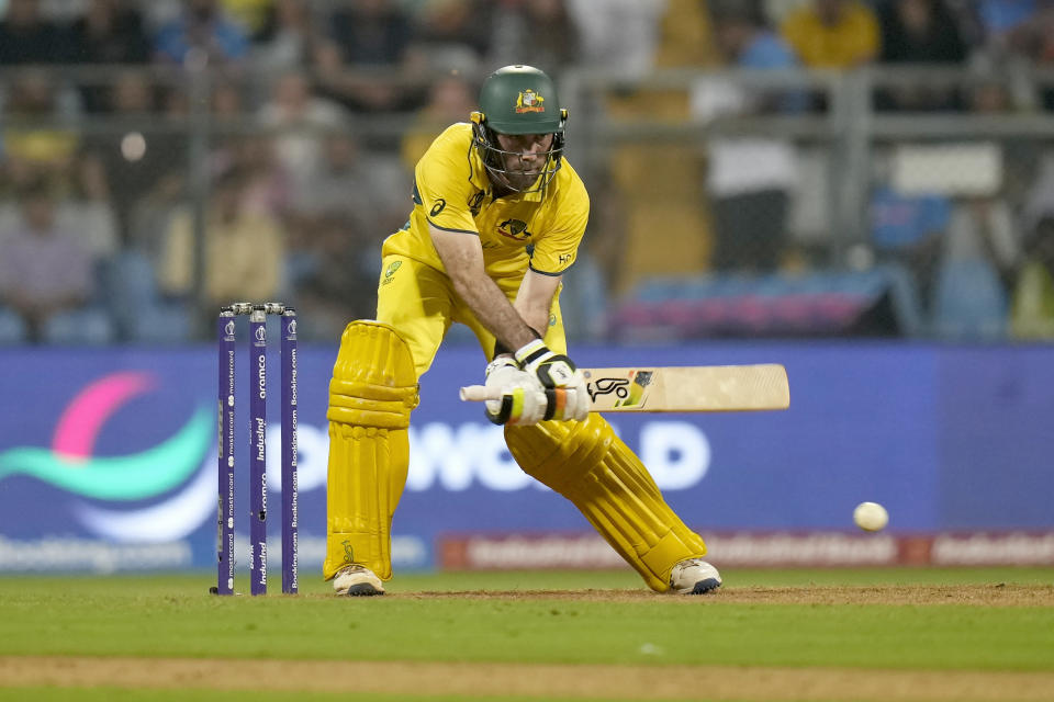 Australia's Glenn Maxwell plays a shot during the ICC Men's Cricket World Cup match between Australia and Afghanistan in Mumbai, India, Tuesday, Nov. 7, 2023. (AP Photo/Rajanish Kakade)